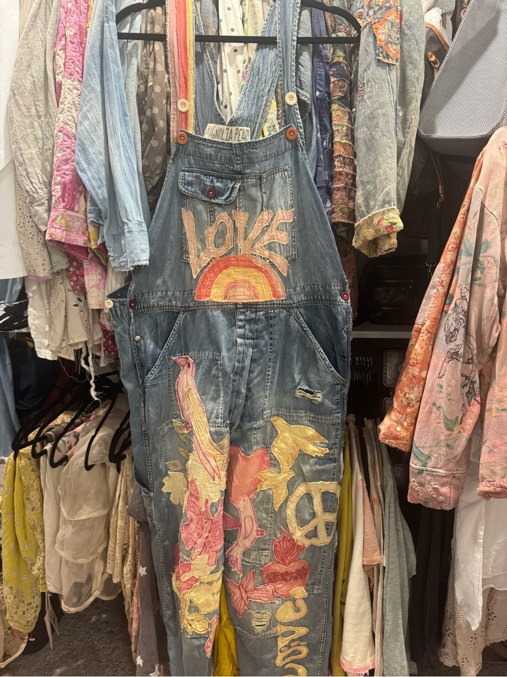 Magnolia Pearl Woodstock Love Appliqué Overalls